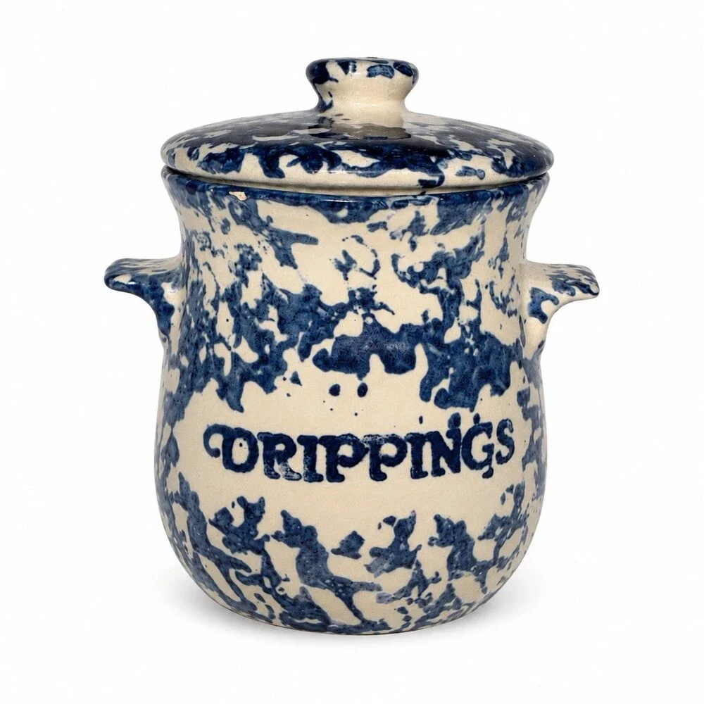 Vintage Blue Spongeware Stoneware Drippings Crock Grease Jar w/Lid Farmhouse